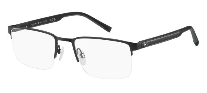 Pánské dioptrické brýle Tommy Hilfiger s černým kovovým polorámečkem a tenkými stranicemi.