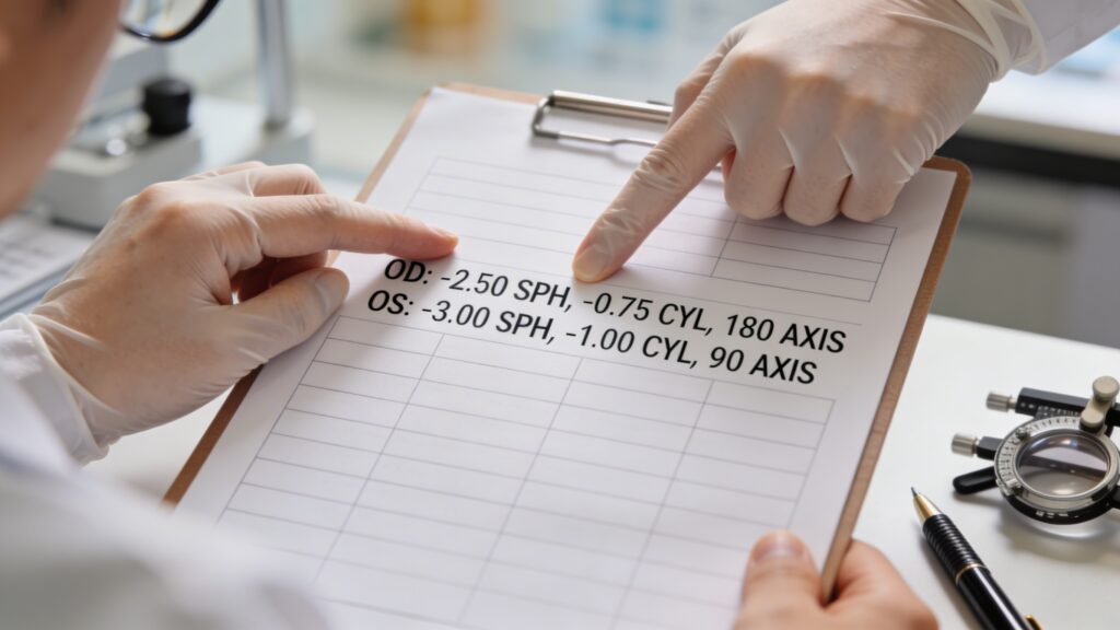 Lékař ukazuje na předpis na brýle s hodnotami dioptrií OD -2.50 SPH a OS -3.00 SPH.