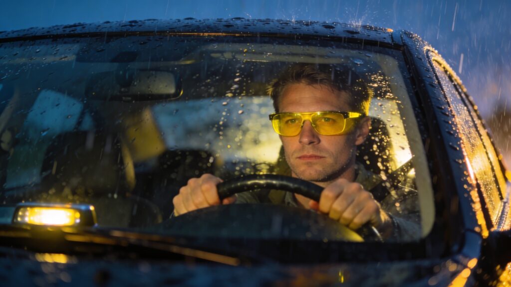 Muž se žlutými brýlemi pro řidiče soustředěně řídí auto v noci za deště.